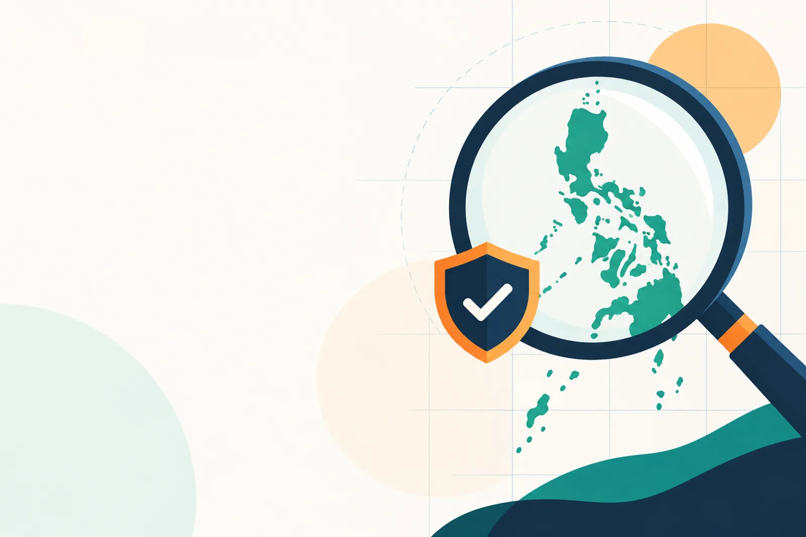 Illustration: a magnifying glass over the Philippine islands with a verified shield